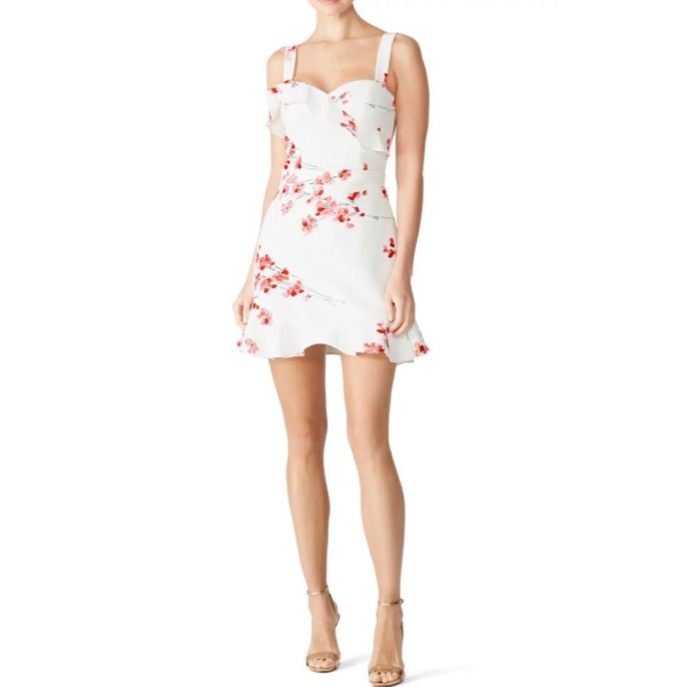 Black Halo ZALDA White and Pink Floral Ruffled Mini Dress Size 6